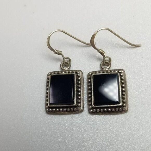 Vintage Sterling Silver Black Onyx Square Dangle Earrings, 925 Estate - Picture 7 of 8